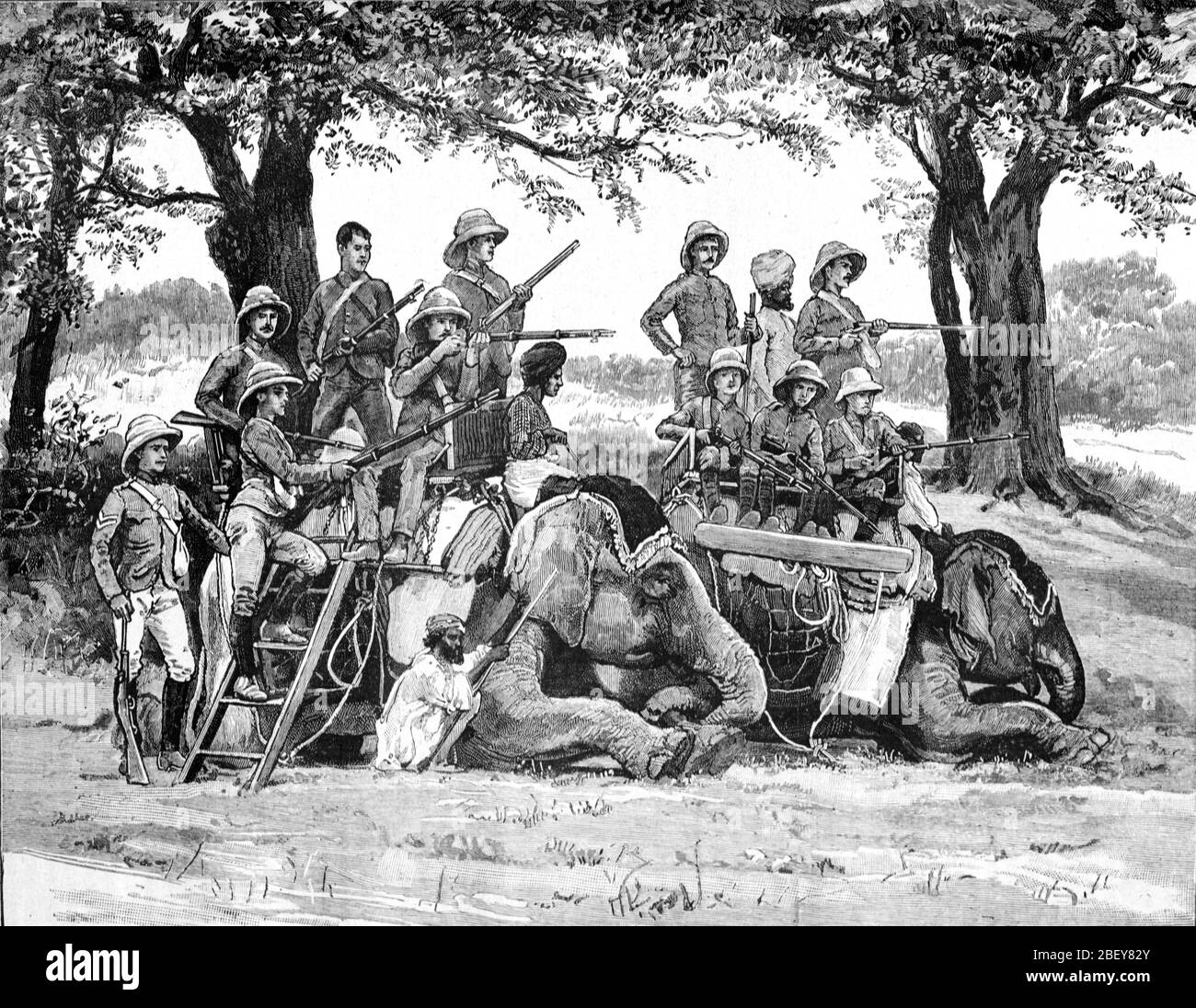 Les colonisateurs britanniques chaoisent les porcs sauvages du dos d'éléphants formés à Muthura Colonial India ou British India. Vintage ou ancienne illustration ou gravure 1888 Banque D'Images