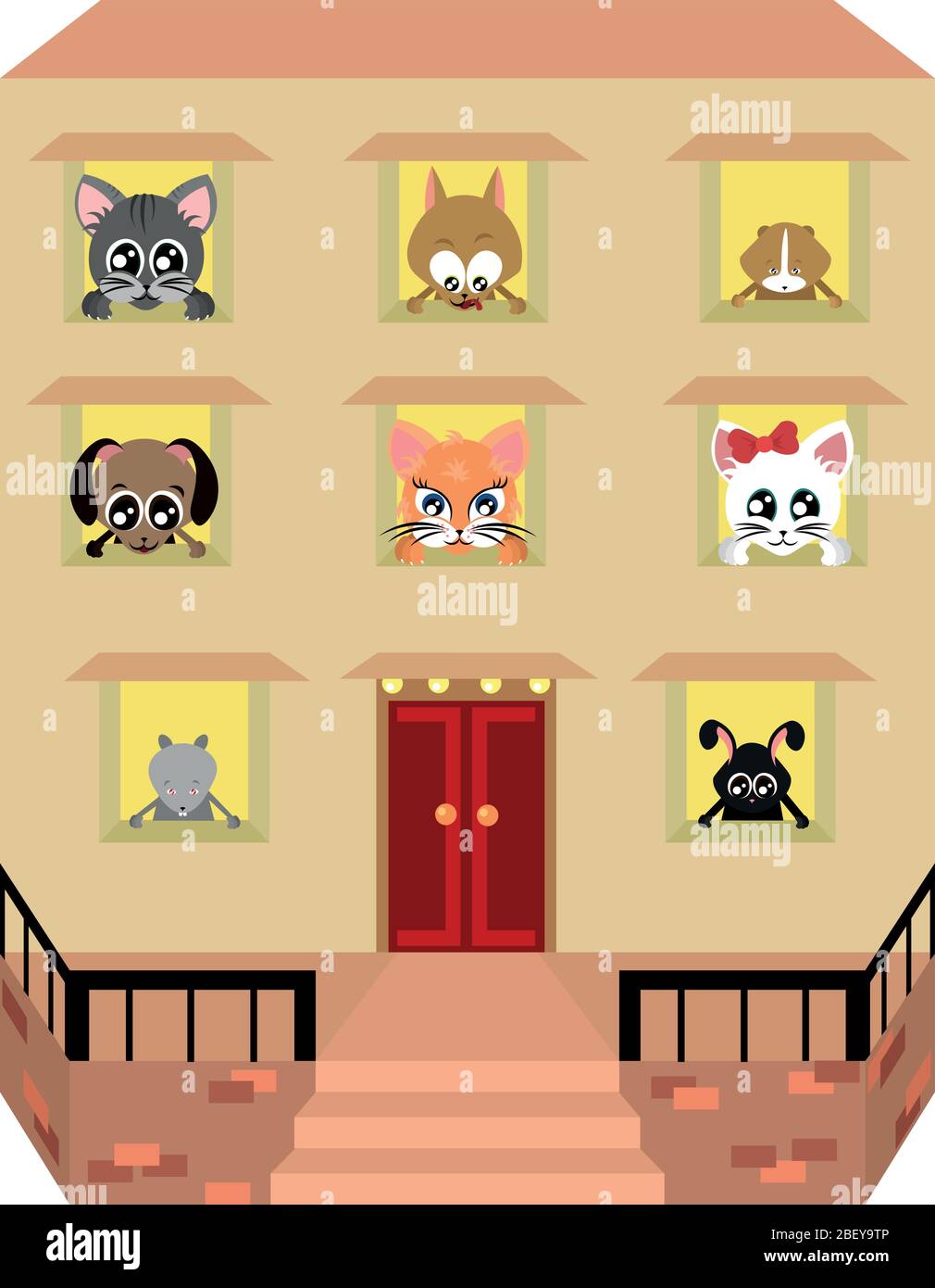Animaux de compagnie. Abri pour animaux de compagnie. Des visages mignons et grands yeux. Bâtiment de grande taille. Chats et chiens. Chiots et chatons. Lapin, rat et hamster. Cobaye et pe Illustration de Vecteur
