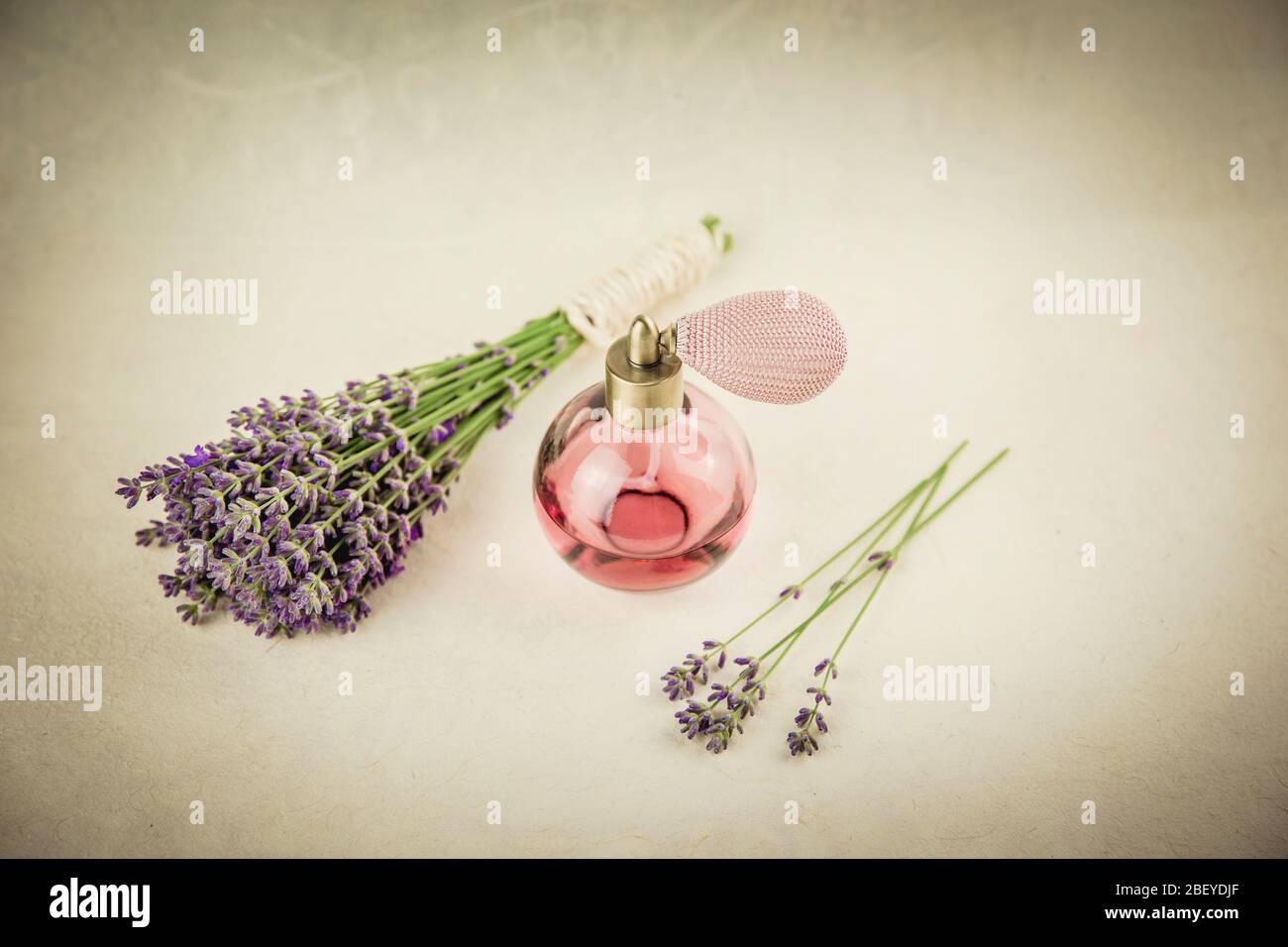 Bouteille de parfum vintage avec arôme lavande. Lavande concept de parfum d'arôme apaisant sur fond beige clair avec bouquet de lavande frais. Banque D'Images