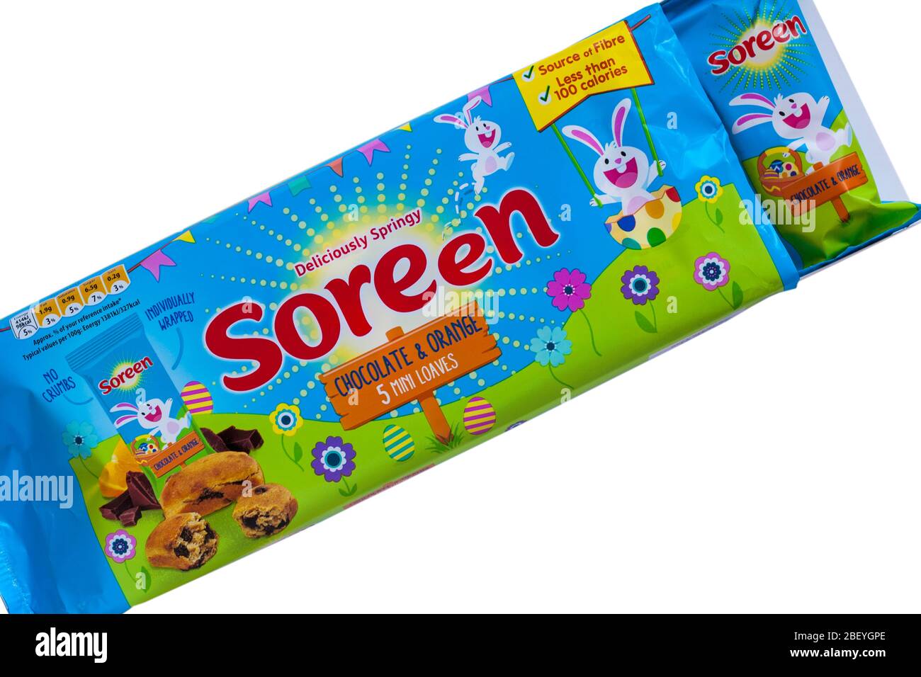 Soreen délicieusement printanier chocolat & orange 5 mini-pains enveloppés individuellement sur fond blanc - prêt pour Pâques Banque D'Images