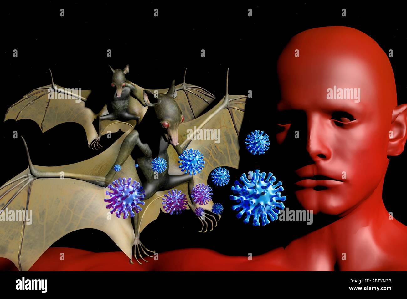 viele Viren erwern von der Tierwelt zum Menschen. Haeufig spielen Flédermaeuse dabei eine grosse Rolle - Symbolbild: CGI-Visualizierung: Coronavirus Banque D'Images