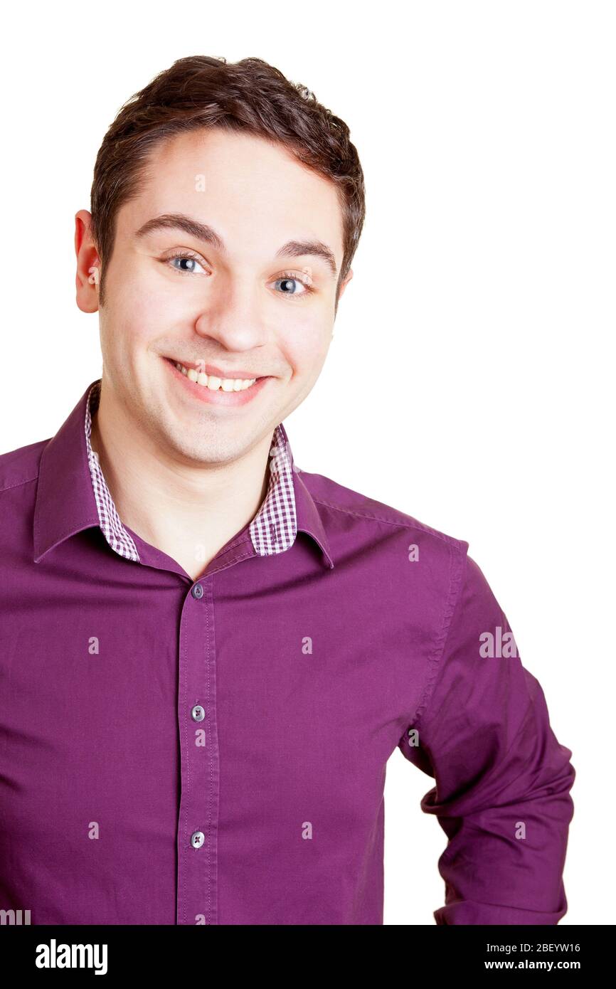 Rire étudiant regarde l'appareil photo avec satisfaction Banque D'Images