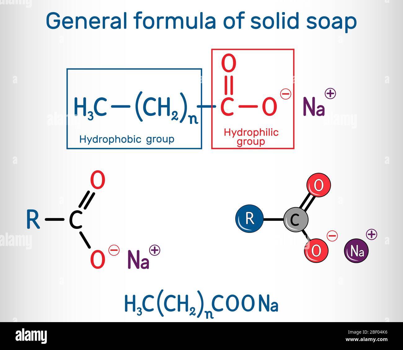 Formule générale de la molécule de savon solide. Carboxylate de sodium,  RCOONa. C'est le sel de sodium des acides gras. Formule chimique  structurelle et mode molécule Image Vectorielle Stock - Alamy