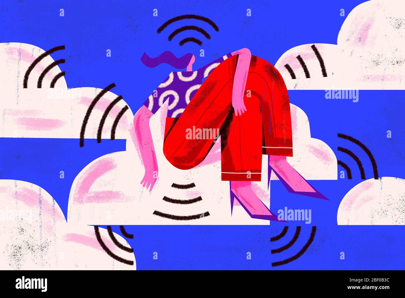 Restez connecté. Illustration des médias sociaux et des technologies de télécommunication. Jeune femme assise dans des nuages entourés de symboles de signal Wi-Fi. Banque D'Images