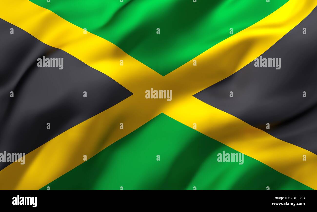 Drapeau de la Jamaïque souffle dans le vent. Drapeau volant jamaïcain pleine page. Illustration tridimensionnelle. Banque D'Images