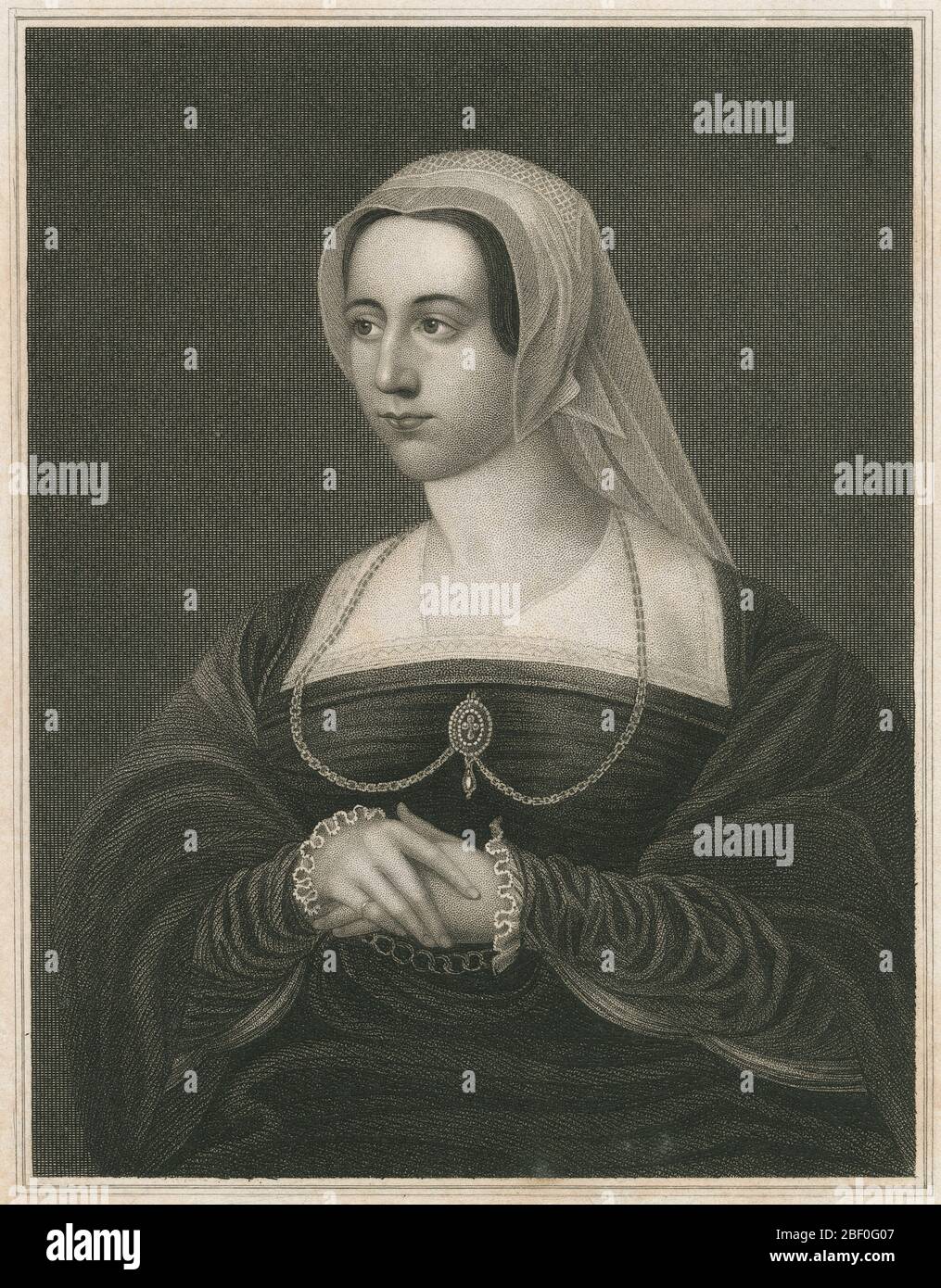 Ancienne 1829 gravure, Catherine Parr. Catherine Parr (1512-1548), était reine consort d'Angleterre et d'Irlande (1543-47) comme dernière des six épouses du roi Henry VIII, et la dernière reine consort de la Maison de Tudor. SOURCE: GRAVURE ORIGINALE Banque D'Images