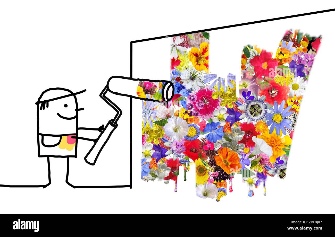 Homme dessin à la main dessin au dessin d'un mur avec des fleurs fraîches colorées Banque D'Images