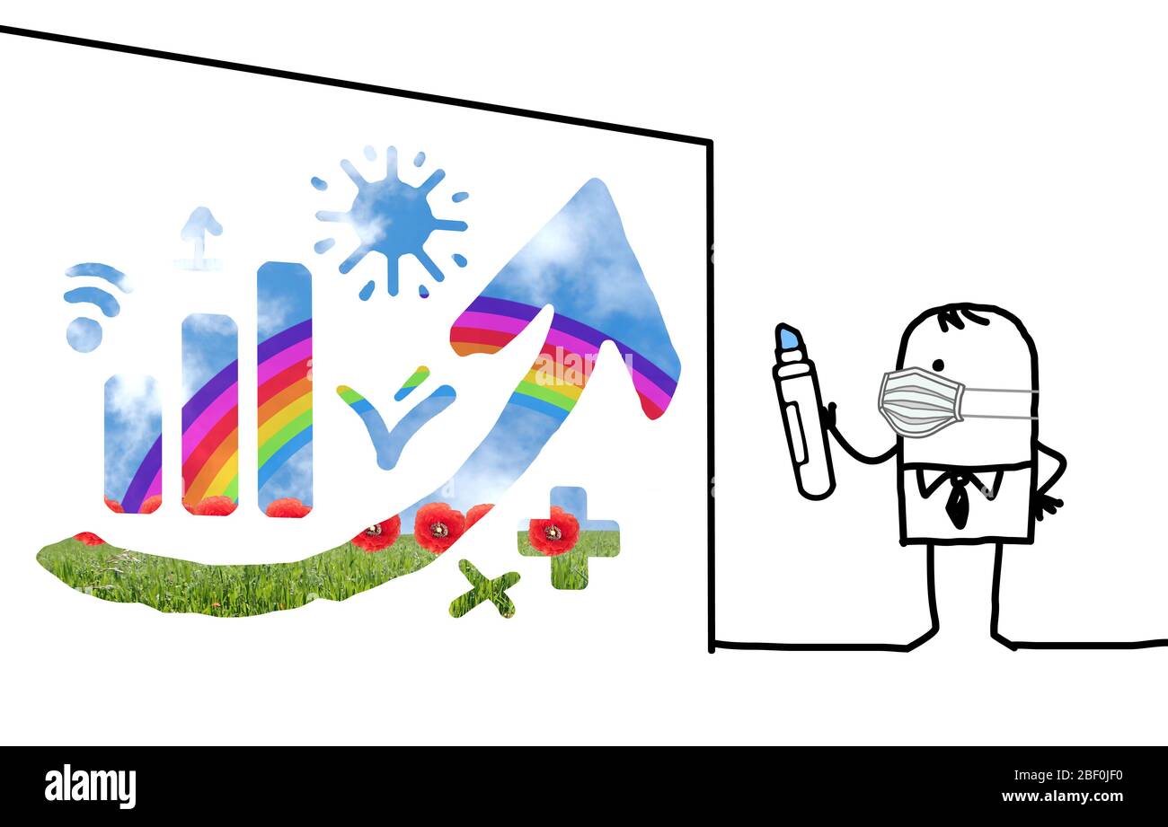 Homme d'affaires dessiné à la main avec masque de protection dessinant un graphique optimiste coloré Banque D'Images