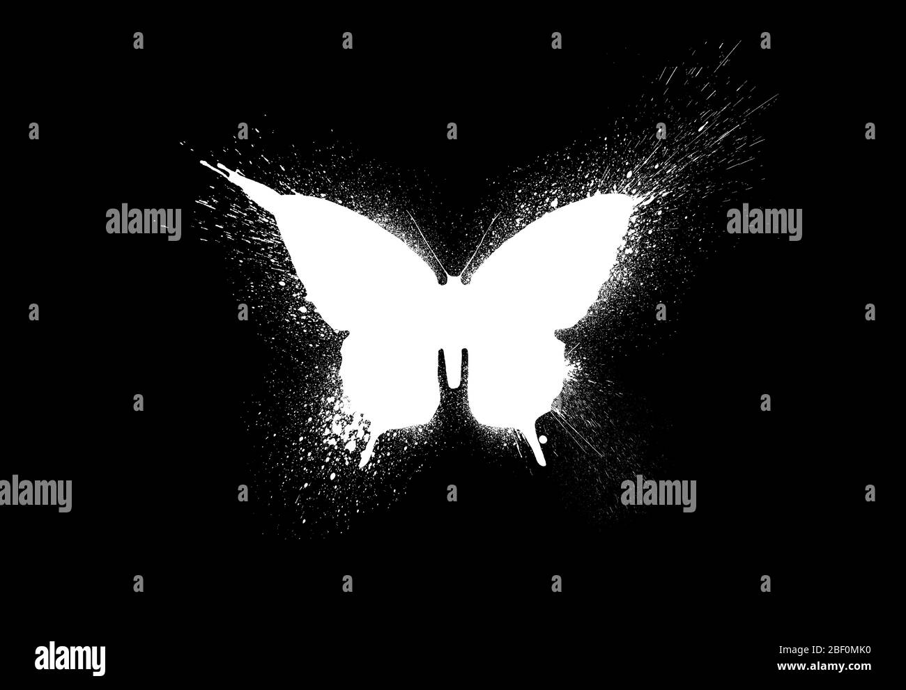Silhouette blanche d'un papillon avec des taches de peinture, des splatters et des taches isolées sur un fond noir. Banque D'Images