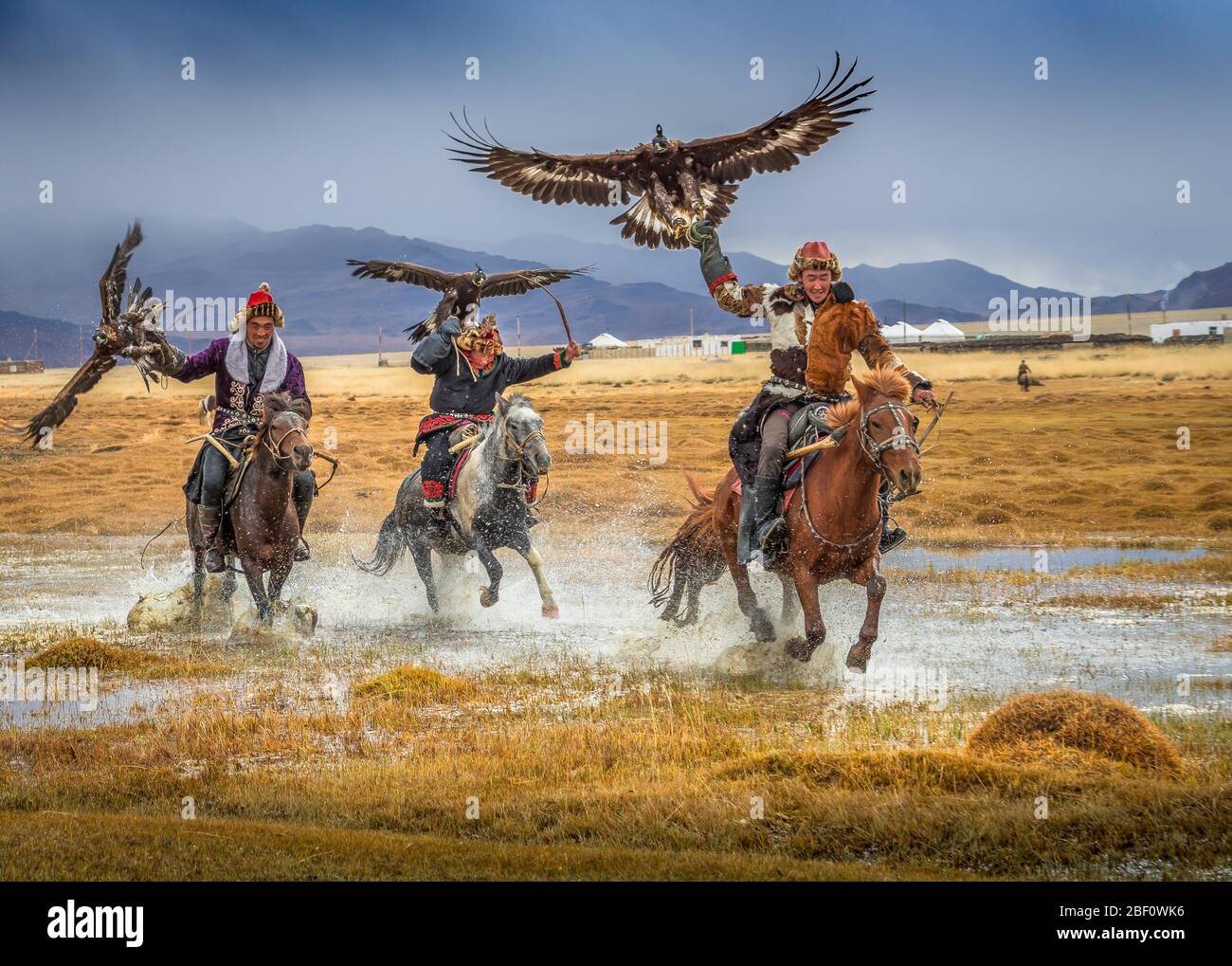 Chasseur d'aigles mongol, trois kazes à cheval avec des aigles formés, province de Bajan-Oelgii, Mongolie Banque D'Images