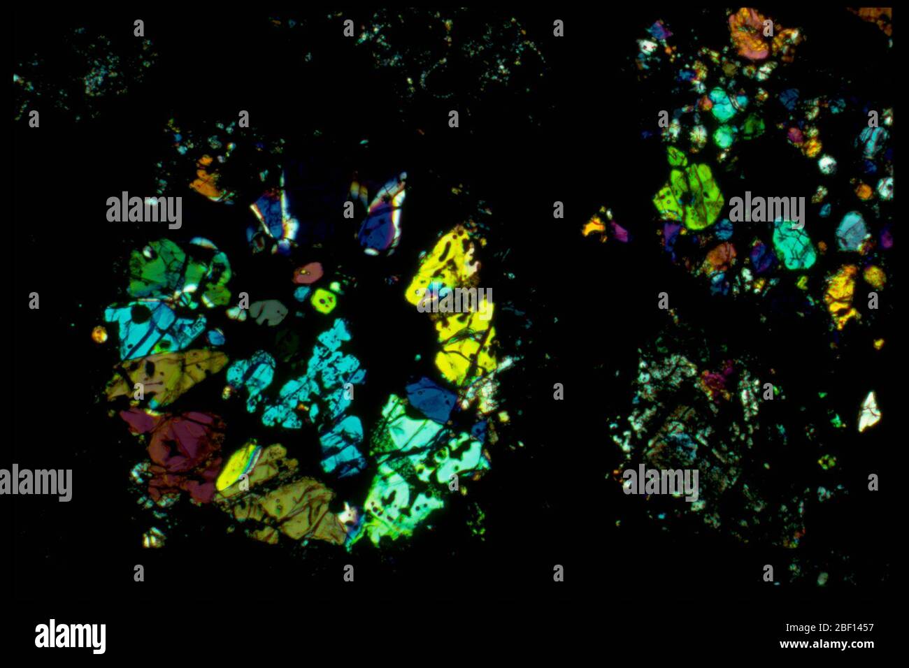 Section mince polarisée de chonrules dans la météorite Allende (USNM 3529-34) Banque D'Images