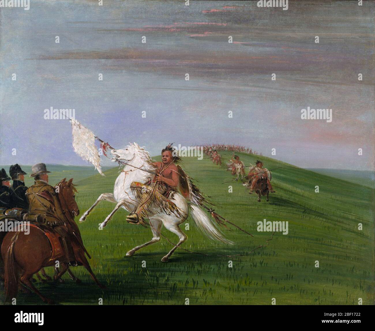 Comanche rencontre les Dragoons. « Col. Dodge a ordonné l'arrêt du commandement, alors qu'il a avancé avec quelques-uns de ses employés, et un signe portant un drapeau blanc. Banque D'Images
