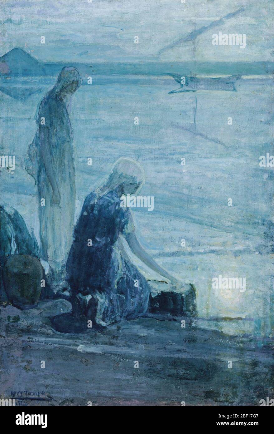 Moïse dans les arènes. Henry Ossawa Tanner prit la plupart de ses thèmes du Nouveau Testament, mais aussi a fait plusieurs peintures de l'histoire de Moïse. La mère de Moïse avait placé son fils nain dans le Nil dans un panier de roseaux pour que les soldats de Pharaon ne lavent pas l'enfant hébreu. Banque D'Images