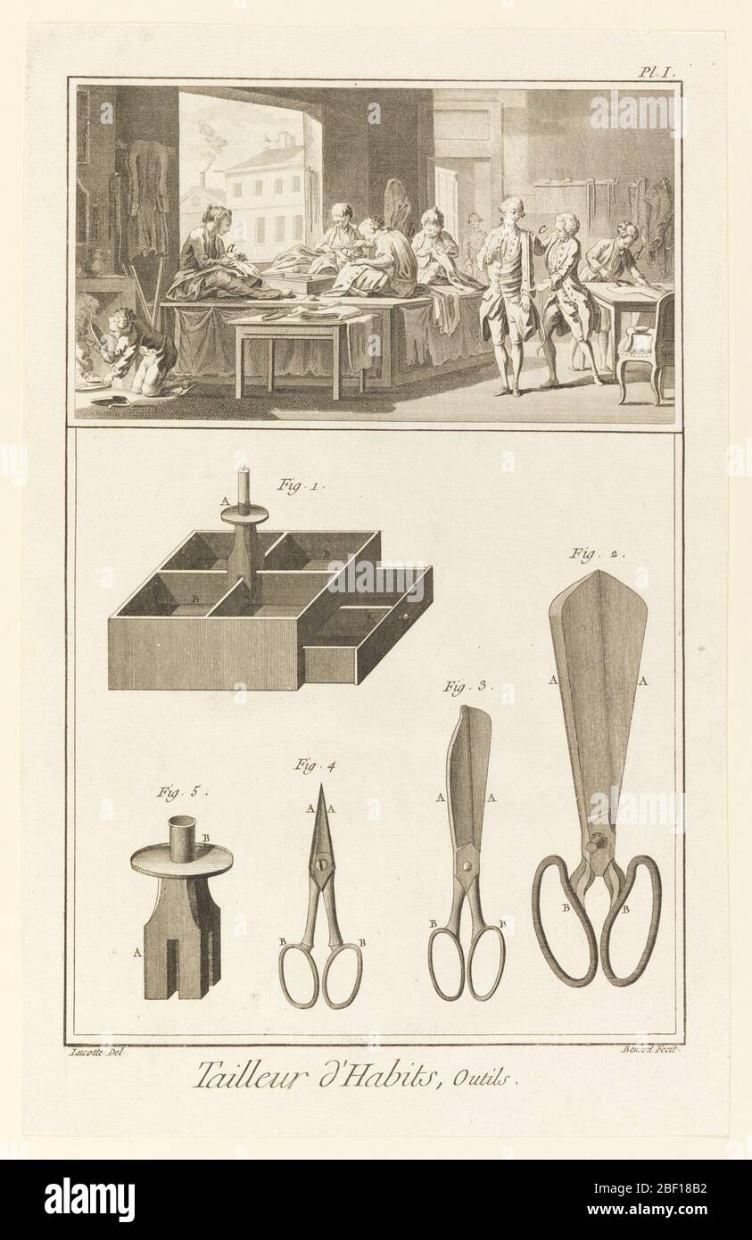 Tailleur dHabits ourettes de Diderots Encyclopedia. Dessin divisé en deux registres. En haut, vue d'un atelier sur mesure. Sur le fond à gauche, un homme a croupiré sous un vêtement de table. Assis sur une table, quatre femmes cousues des vêtements. A droite, un tailleur prend les mesures d'un homme. Un homme coupe le tissu à droite. Banque D'Images