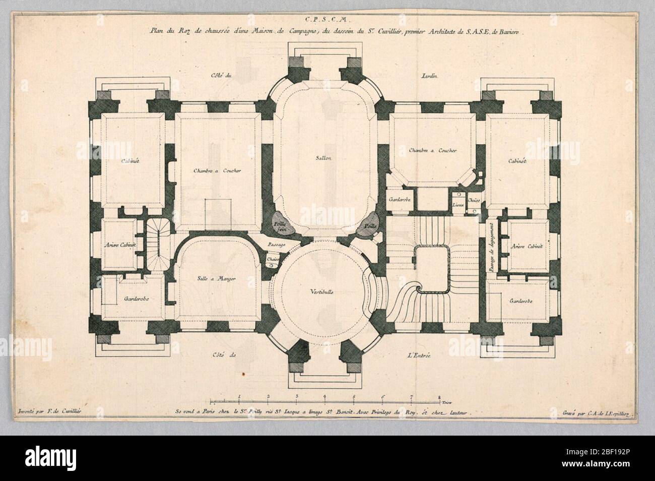 Plan du rez-de-chaussée d'une maison de campagne. Le plan indiquait deux  portiques, avant et arrière, avec un grand escalier double, courbé à  l'extrémité du couloir de croix. Quatre chambres de chaque côté.