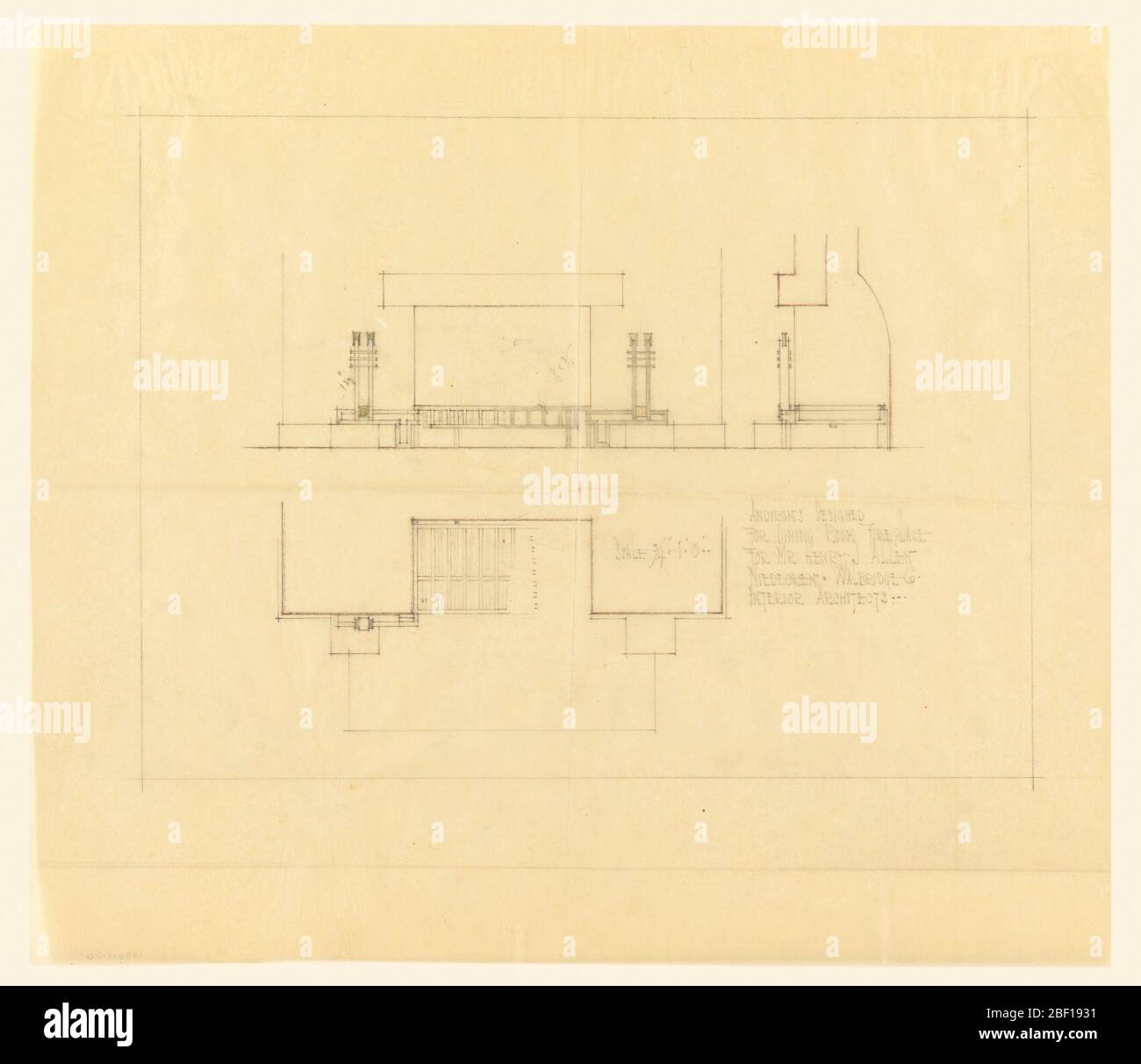 Restaurant-salon des andirons cheminée Henry J Allen Residence Wichita Kansas. Page divisée horizontalement en deux registres avec des illustrations d'andirons dans une cheminée. Registre supérieur : vue frontale des andirons à gauche et vue latérale des andirons à droite. Registre inférieur, vue depuis les andirons ci-dessus à gauche. Inscription à droite. Banque D'Images