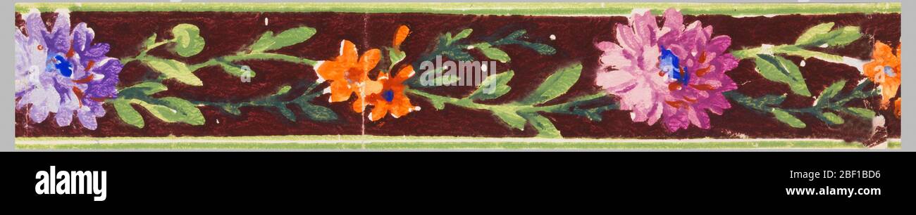 Bordure. Fragment de machine imprimé. Bordure fleurie très étroite sur sol bordeaux. Banque D'Images