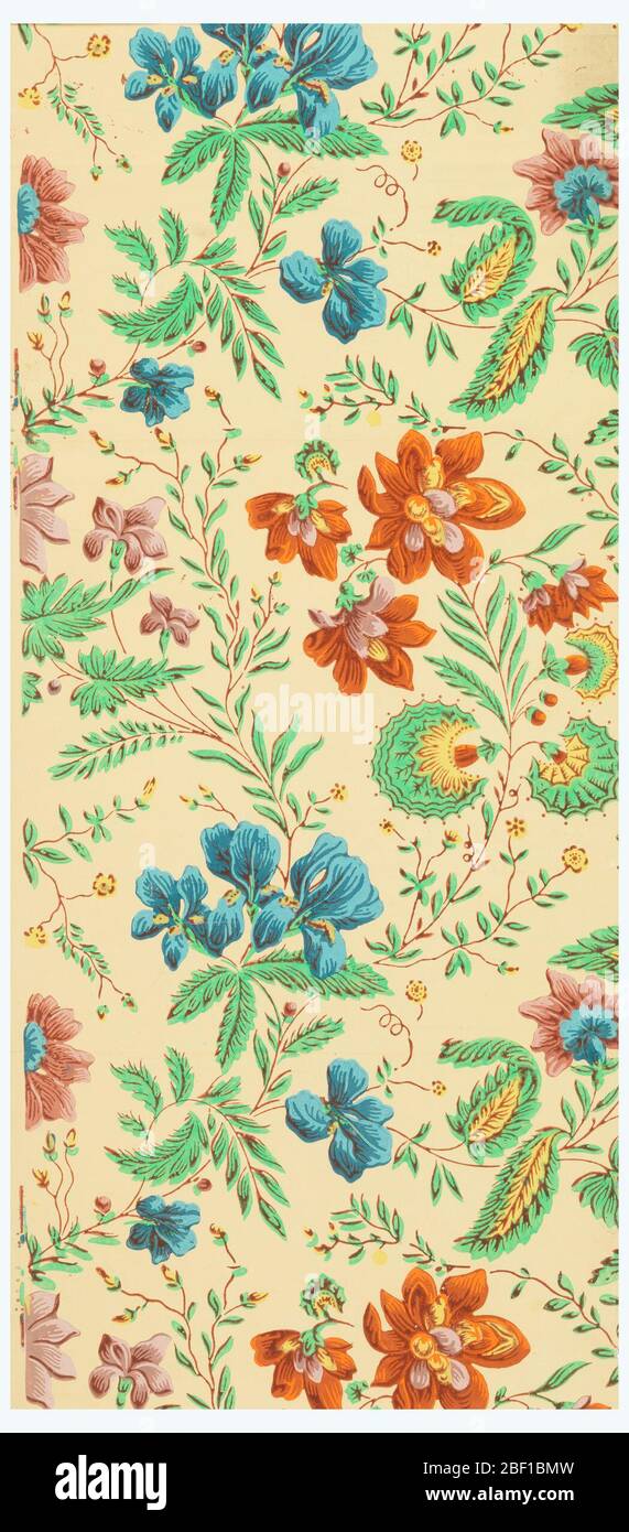 Flanc. Motif fleuri à effet de pluie, avec iris et diverses autres fleurs. Imprimé en bleu, vert, orange, mauve, jaune et marron sur un sol beige. Banque D'Images