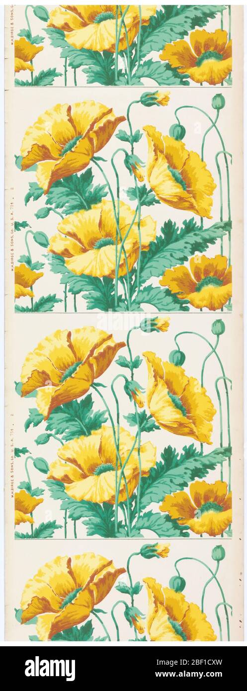 Frise. Style Art nouveau. Coquelicots jaunes à grande échelle sur tiges vertes imprimés sur un sol blanc. La conception se répète verticalement et doit être coupée pour fonctionner comme une frise. Banque D'Images