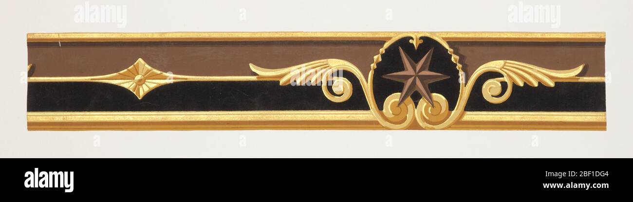 Bordure. Ce design est composé d'une étoile à six pointes enencadrée dans un ovale teinté, chacun séparé par des pastilles rayées contre une bande de fond à demi-floqué. Imprimé en noir floquant, jaune, or, marron et brun.H# 190 Banque D'Images