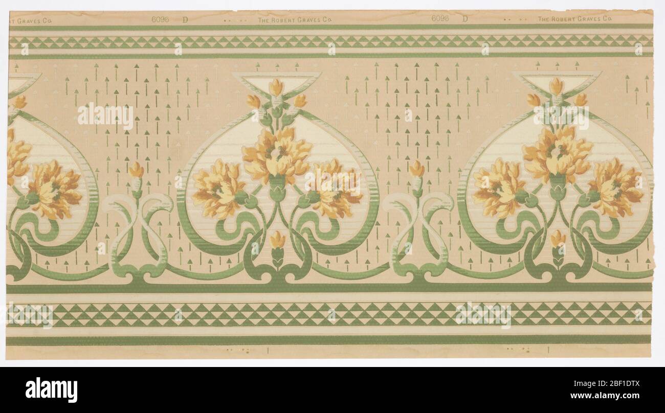 Frise. Style Art nouveau. Alternant les médaillons à défilement vert stylisés de grande et petite taille. À l'intérieur des grands médaillons se trouvent de grands bouquets de fleurs jaunes. Il y a une fleur singulière dans chaque petit médaillon. Banque D'Images