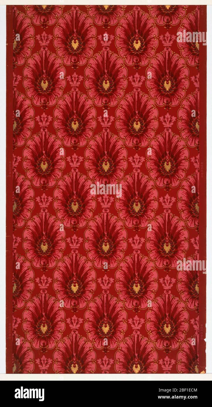 Flanc. Médaillons en lignes diagonales avec couronnes foliées, torches et perles et esquissés par des rouleaux. Masse rouge. Imprimé en rouge, en pink, en or noir et métallique. Banque D'Images