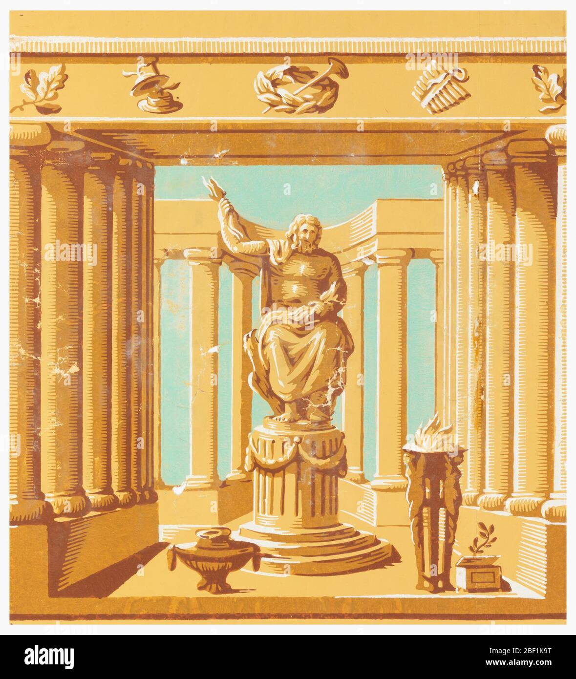 Frise. Carré de papier. Construction architecturale évocatrice d'un temple d'antiquité classique, avec statue de Jupiter au centre. Banque D'Images