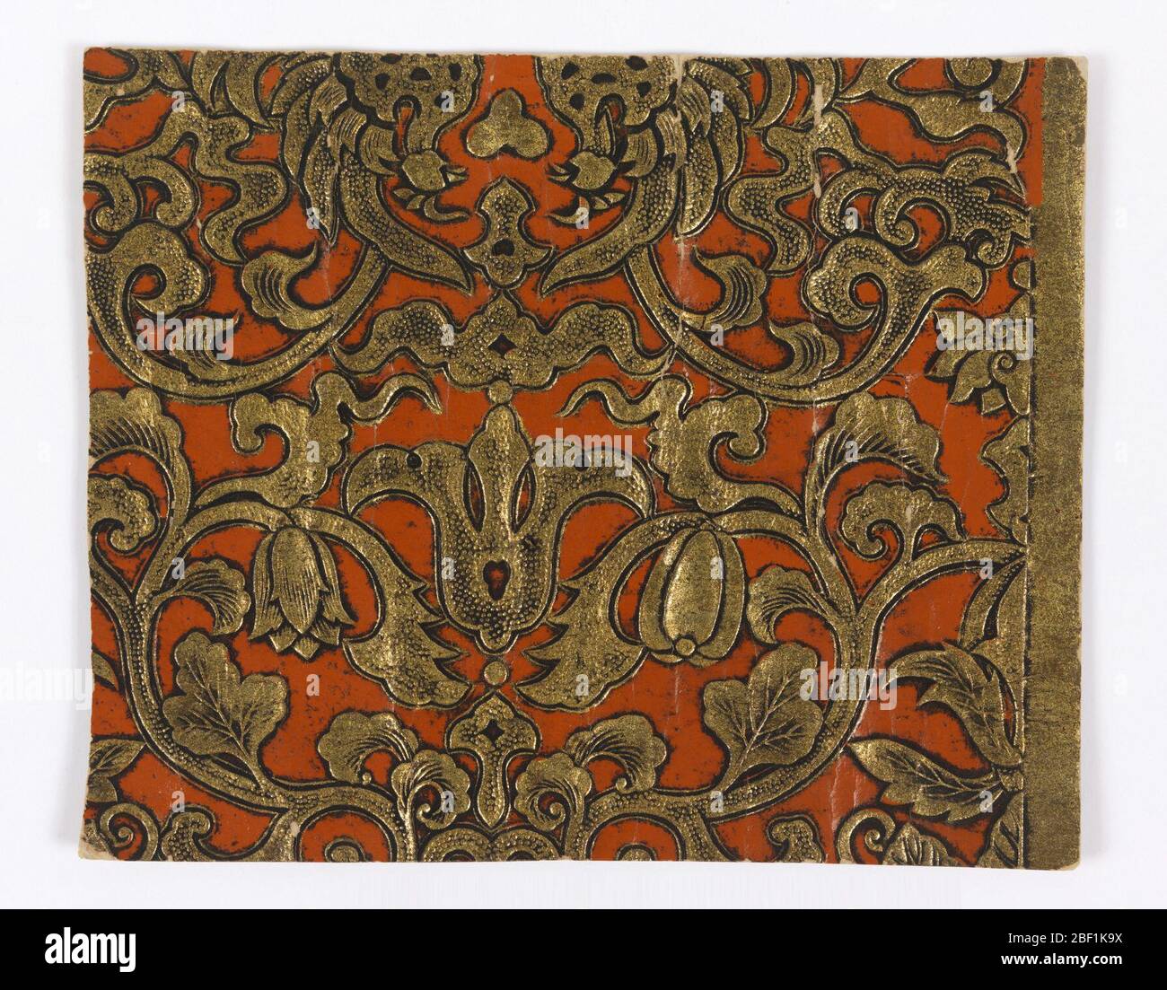 Flanc. Imitation de cuir. Feuillages défilant imprimés en terre cuite, or et noir sur papier de relief. Banque D'Images