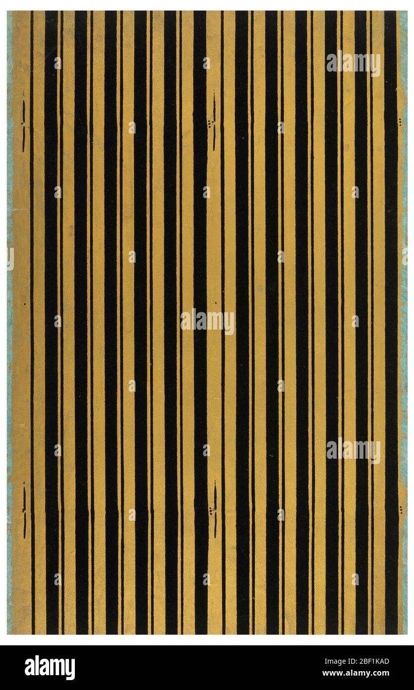 Frise. Deux bandes, apparemment destinées à être coupées longitudinalement. Bandes larges et étroites alternées de flock. Papier gaufré avec sol en galets. Imprimé en or avec sous-impression verte et flock noir. Banque D'Images