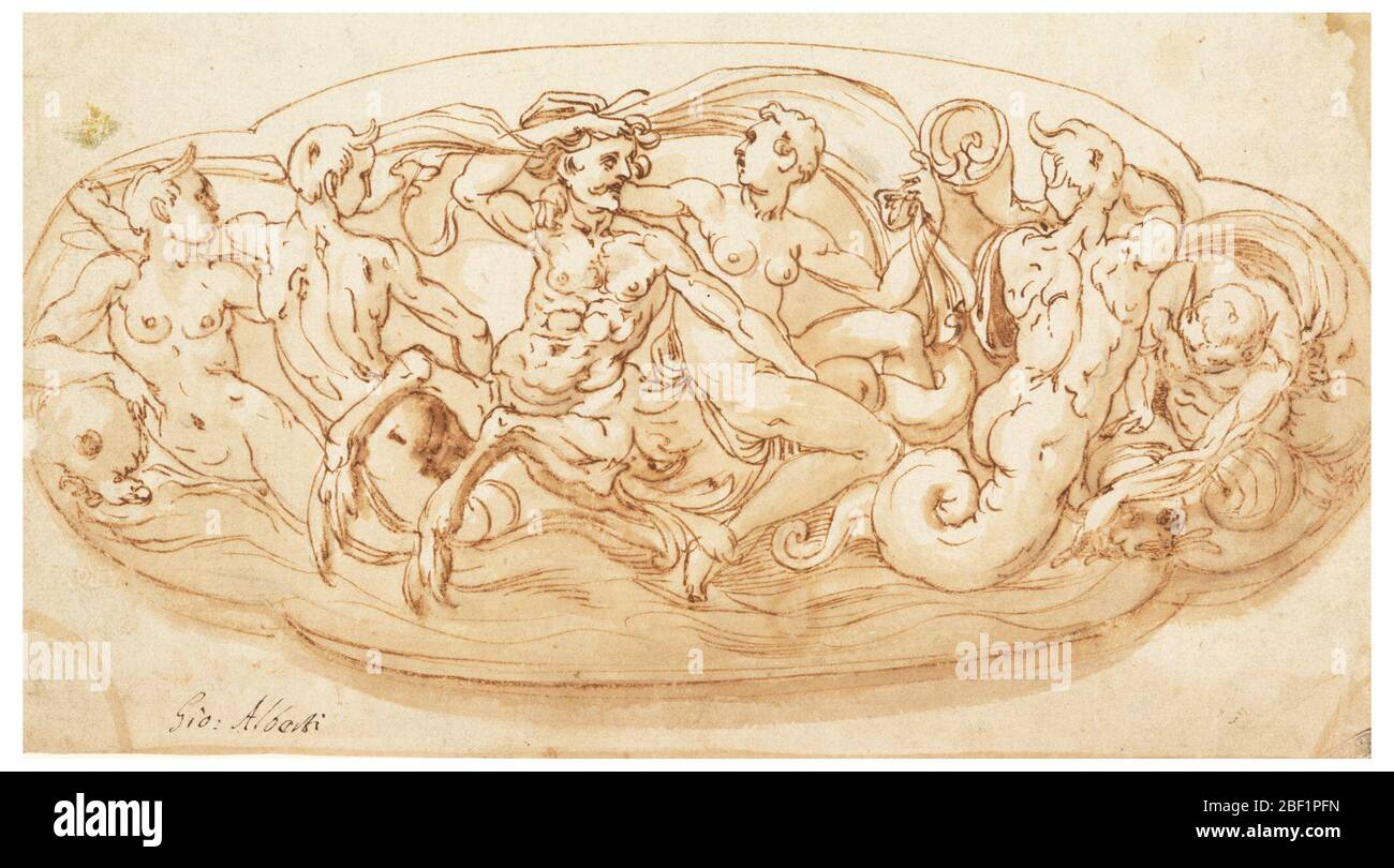 Projet de décoration d'une plaque d'argent. Huile de quatrefoil allongée. Une nymphe se déplace sur un centaure de mer, accompagné de trois hommes mermen, et une nymphe sur un dauphin. Partie supérieure de l'aigle dans l'ovoïde sous une couronne; schéma de Briquet 209. Banque D'Images