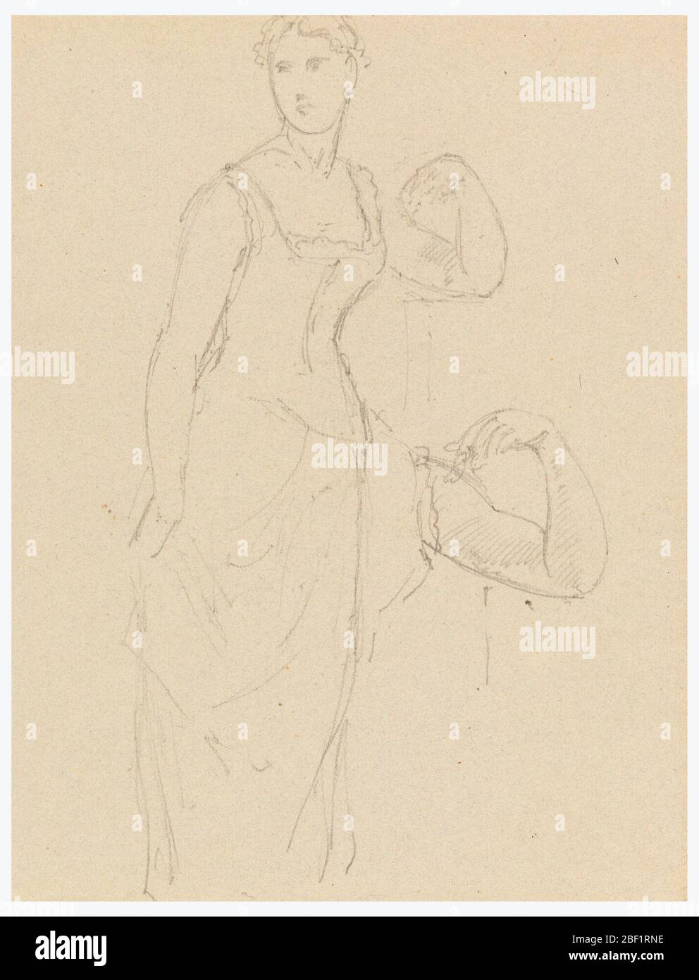 Croquis pour un portrait de Bella Worsham. Femme sur toute la longueur debout, son coude gauche sur une pièce de homme, un piédestal ou un mur; elle tient sa jupe dans sa main droite, et regarde vers sa gauche. Son nom et quelques mathématiques figurant, en bas à droite. Verso : deux esquisses de têtes femelles. Banque D'Images