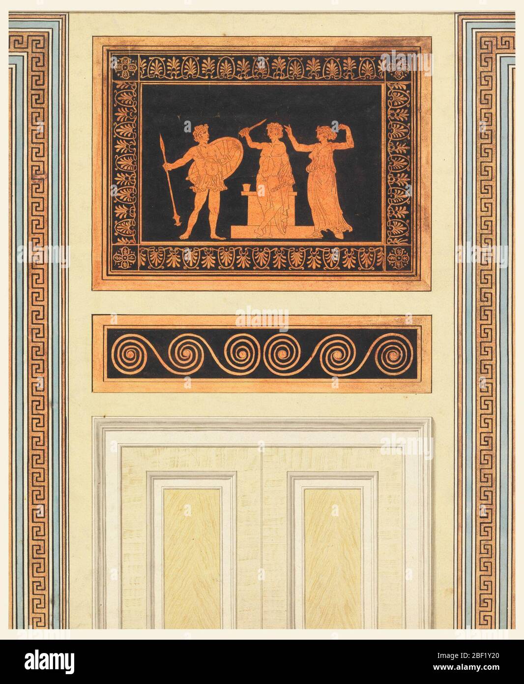 Élévation de la paroi. Rectangle vertical : deux portes à panneaux au centre, design grec par frises ci-dessus, motif grec par fret à gauche et à droite. Banque D'Images