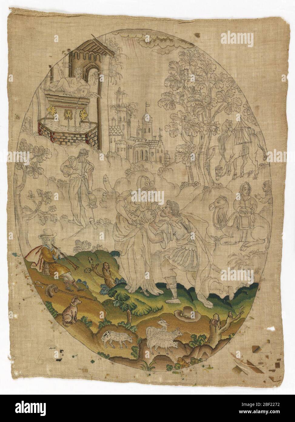 Rebecca et Eliezer. Image inachevée brodée en soie de couleur sur un sol en lin. Dessin suggéré par un imprimé de Gérard de Jode après Martin de vos, Eliezer et Rebeka. Banque D'Images