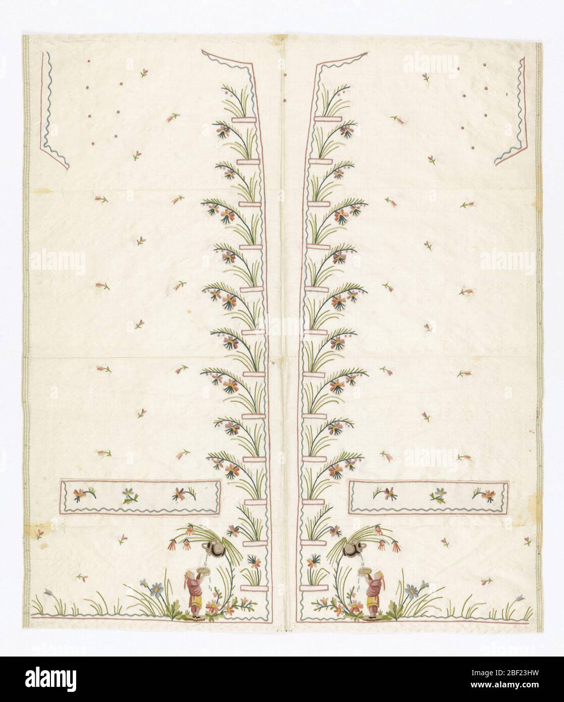 Gilet de costume. Empiècements contenant les façades gauche et droite, revers et cache-boutons d'un gilet pour homme. Motif de fleurs et de chinoiserie. Banque D'Images