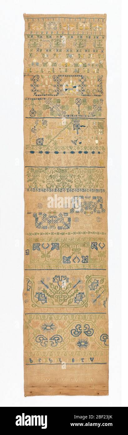 Echantillonneur. Bandes de motifs en vert, bleu, rouge et jaune. Deux lettres et monogrammes RW, TV, GV et GW. Banque D'Images