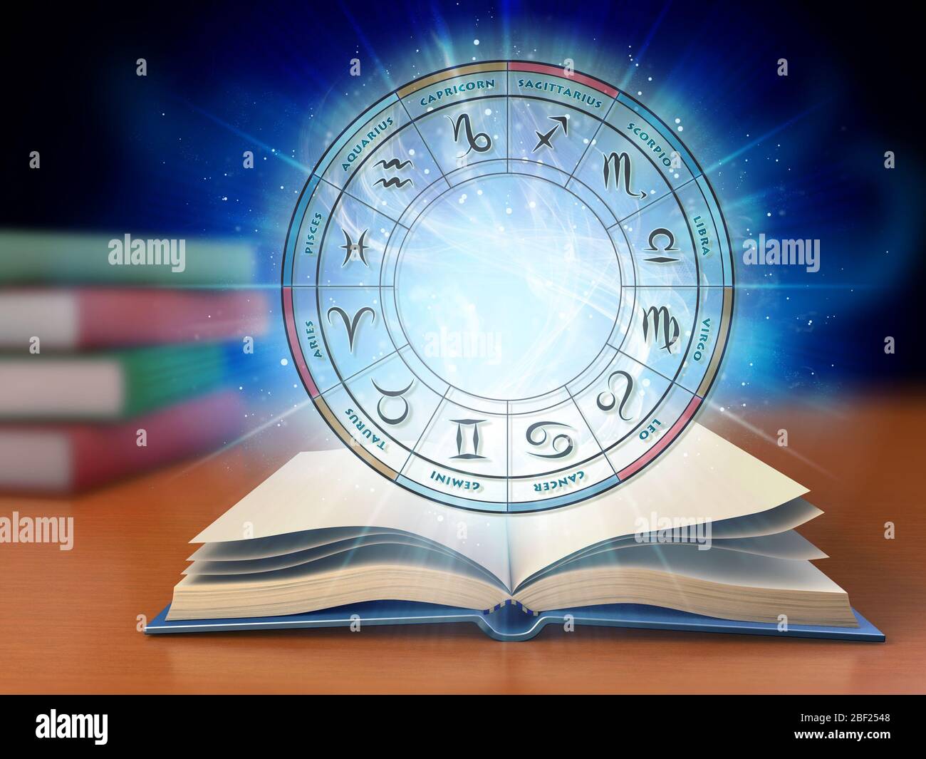 Roue contenant le signe de douze zodiaque sur un fond brillant avec un livre ouvert. Illustration numérique. Banque D'Images