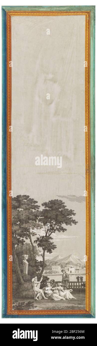 Les Portiques Dathènes. Une des séries, les Portiques d'Athénes. Montagnes et ville en arrière-plan; eau à distance moyenne. En premier plan, un "champêtre de concert", avec un terme entouré de shrubbéry. Cadre architectural en jaune et bleu. Banque D'Images