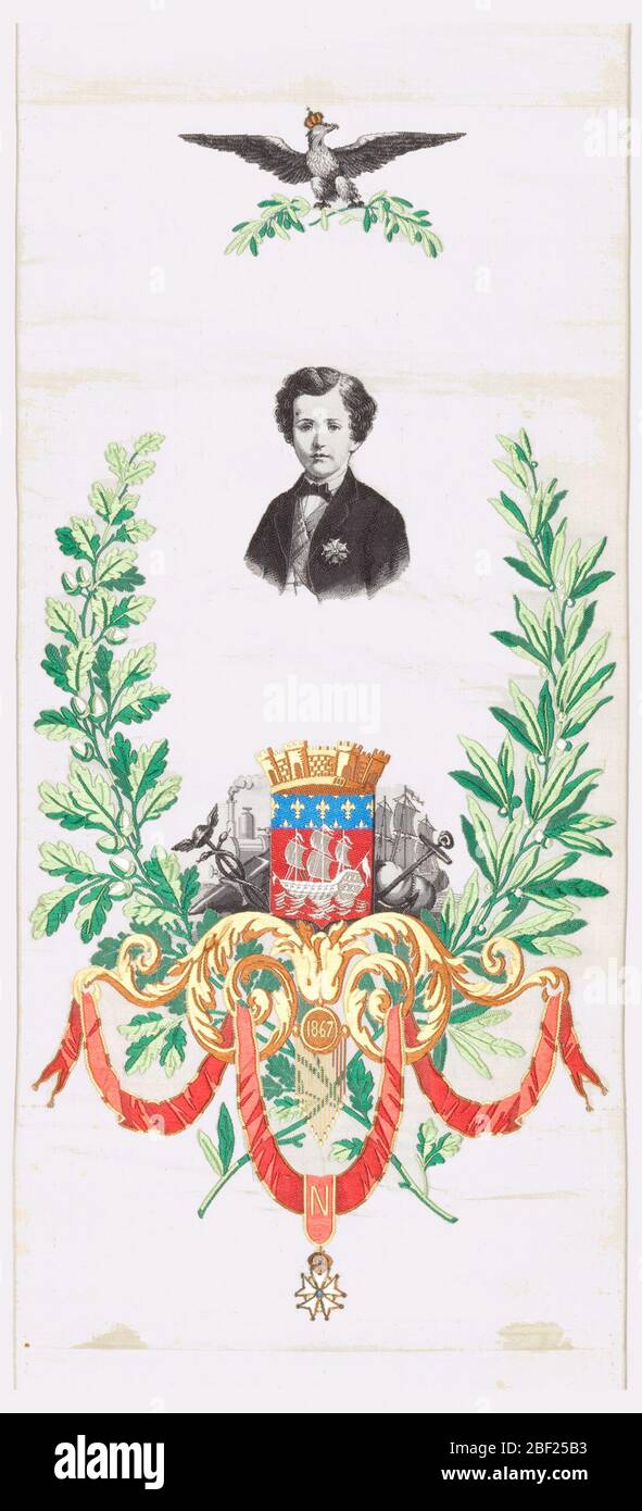 Portrait. Buste de portrait d'enfance de Napoléon Eugène Louis Jean Joseph Bonaparte (1856-1879), fils de Napoléon III et de son impératrice consort Eugénie de Montijo. Un aigle couronné portant des branches de laurier vert se déplace au-dessus de lui. Banque D'Images