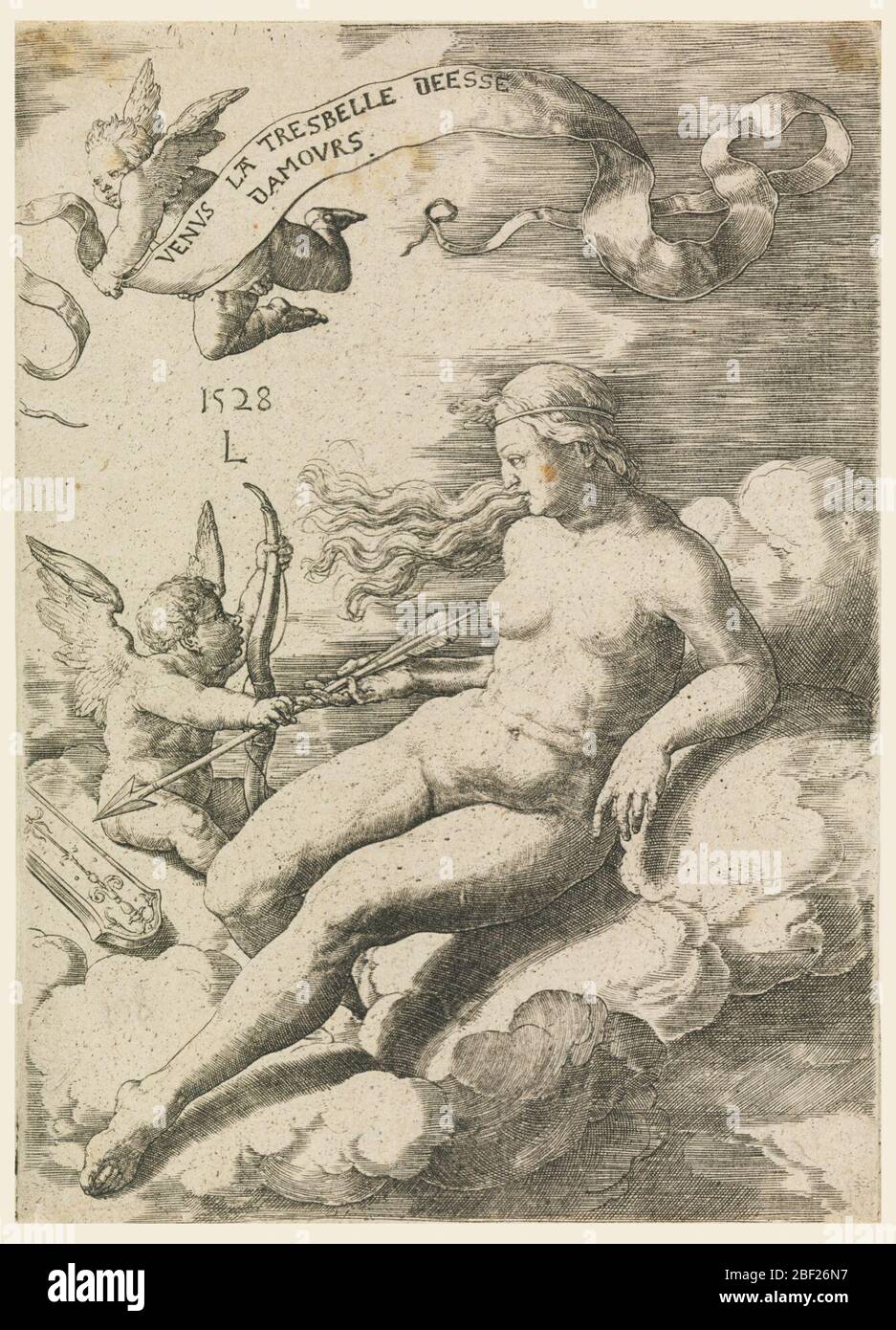Vénus et Cupid. Vénus assise sur les nuages face à gauche. Elle et Cupid se tiennent sur une flèche. Ci-dessus est un autre cupide portant un banderole. Banque D'Images