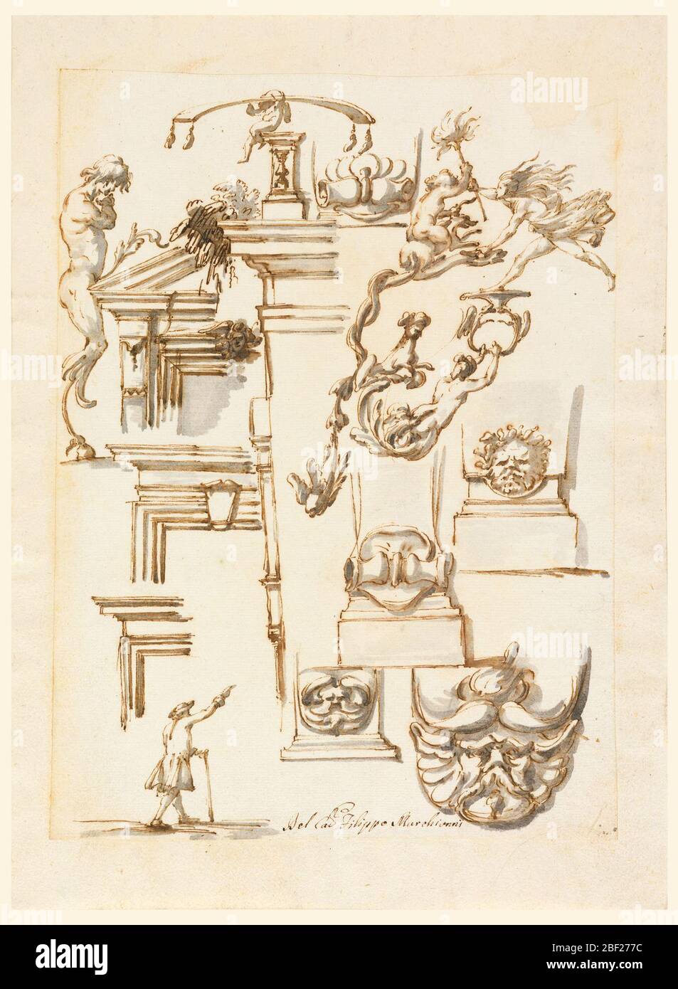 Détails architecturaux et étude de la figure. Trois parties supérieures des étuis pour fenêtres; vue de la partie supérieure d'un coin de maison, avec un socle sur lequel repose un puto supportant une longue feuille de bois voûtée avec deux glands à chaque extrémité Banque D'Images