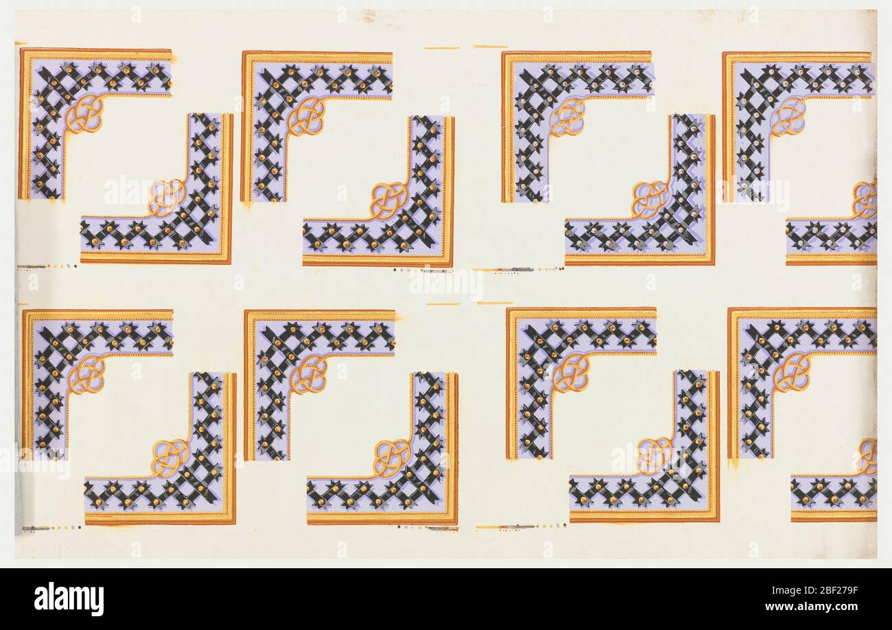 Coins de bordure. Ressemble à un ruban noir taillé sur un bracelet lavande, à une corde étroite ou à un moulure de câble qui borde la lavande., cadre doré à l'extérieur. Imprimé en lavande, or, ocre et noir. Banque D'Images