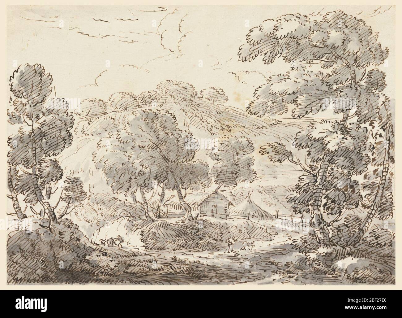 Dessin. Maison dans un paysage boisé. Banque D'Images