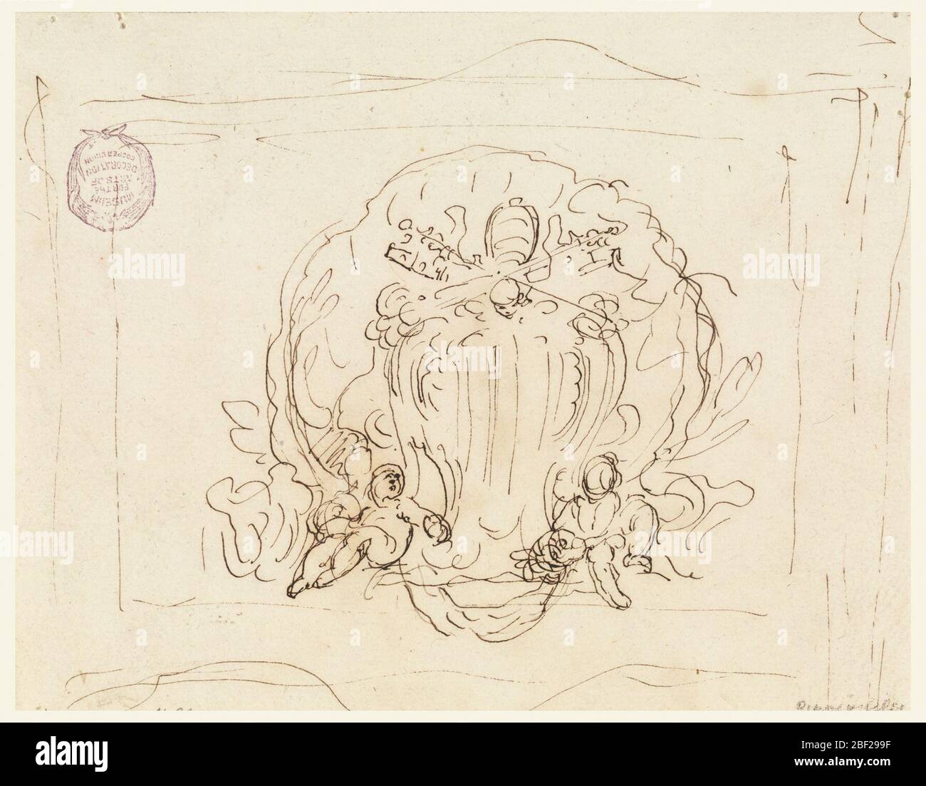Comprimé portant le manteau des bras du Pape Benoît XIV avec la coquille comme arrière-plan. Deux anges s'assoient près du pied de l'escutcheon; un chérubin au-dessous traverse le point des clés. Banque D'Images