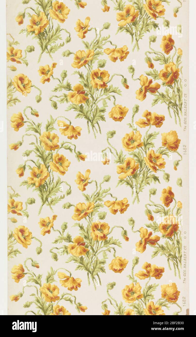 Flanc. Un motif répétitif vertical de petits pains de fleurs de type pavot sur un sol Uni. Imprimé dans la moutarde, l'or, le rouge, le noir, le marron, le vert olive et le blanc cassé. Banque D'Images