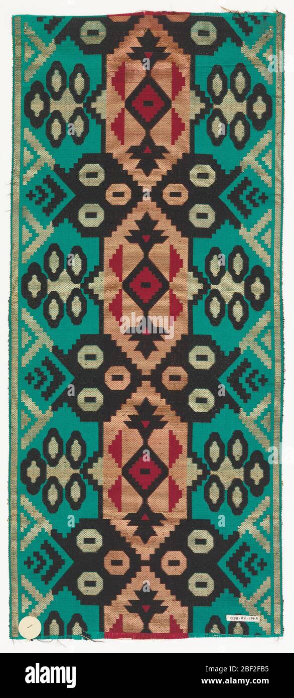 Échantillons de ruban. Échantillons de ruban large avec rayures verticales en deux couleurs avec un motif géométrique audacieux en troisième couleur et fil d'or. Le composant « A » est doté de rayures verticales turquoise et rose foncé et d'un motif géométrique audacieux en noir et or. Banque D'Images