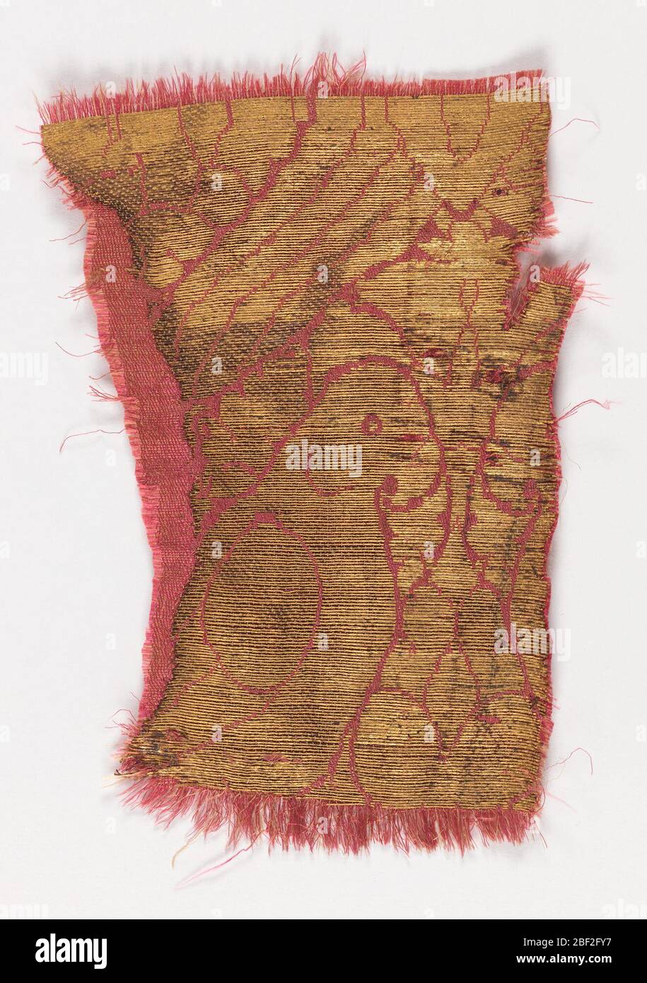 Fragment. Oiseau en or métallique avec bec incurvé sur fond rouge rose. Banque D'Images