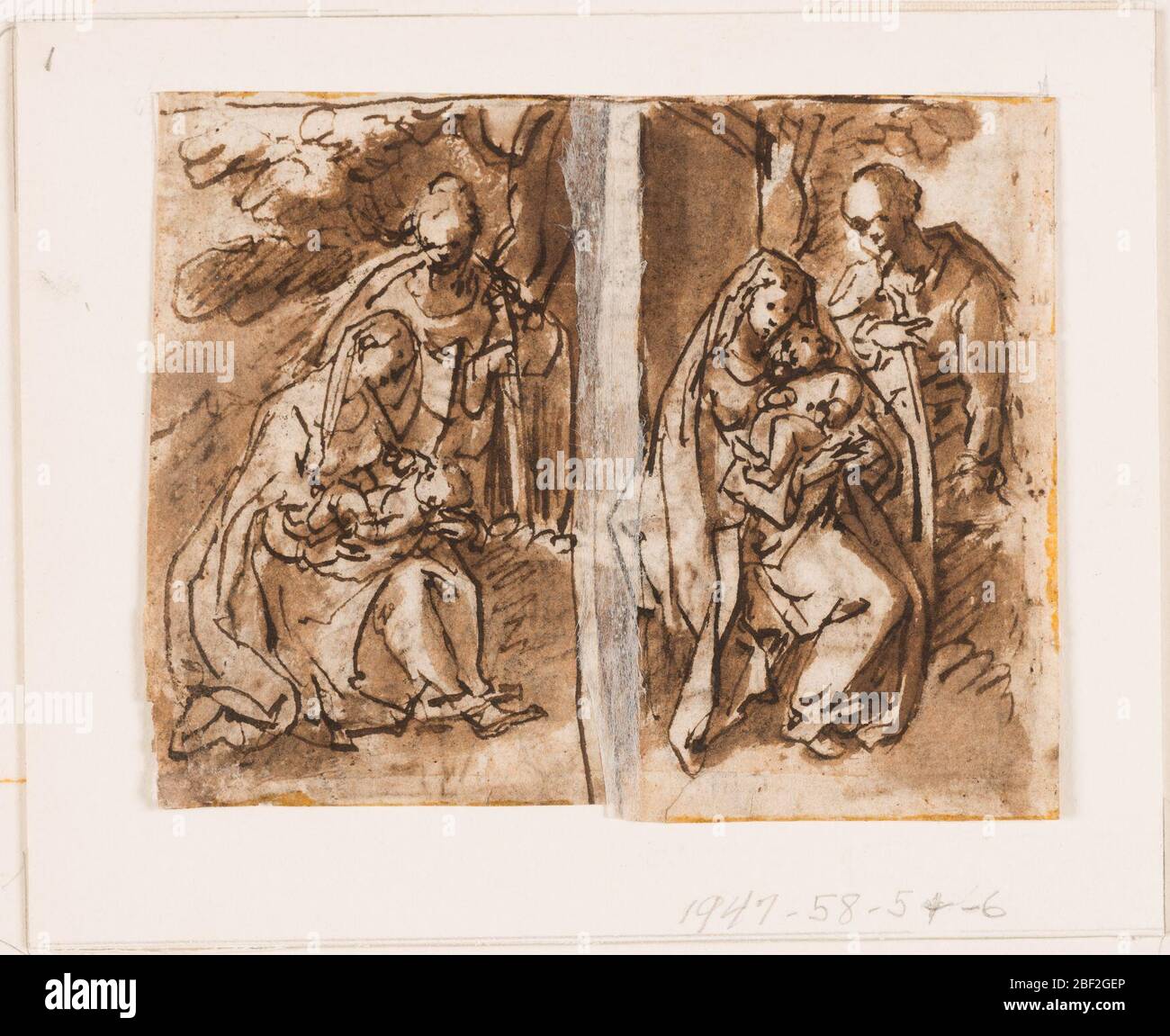 Demi-page d'un carnet de croquis Virgin and Child avec Joseph. Virgin et enfant assis contre un mur. Joseph debout à côté d'eux. Recto: Gauche la moitié d'une scène, peut-être Salome avec la tête de Jean-Baptiste. Banque D'Images