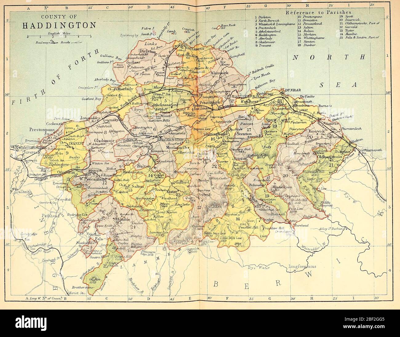 Carte du comté de Haddington, Écosse, vers 1891 Banque D'Images