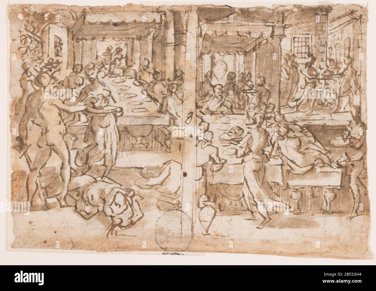 Recto droite Beheading de St Jean le Baptiste Recto gauche Salome donné le chef de St Jean le Baptiste par le bourreau de la conception pour le p10 dans la vie de Saint Jean le Baptiste Verso le corps d'Alfonso Piccolomini 1551 1591 Sienese Outlaw Hung à Florence le 16 mars 1591. Rectangle horizontal. Verso, à gauche : intérieur de la salle de banquet du roi Hérode. Au premier plan, le bourreau place le chef de Saint-Jean sur un chargeur tenu par Salome, le corps sans tête à leurs pieds. Droite : scène de banquet, avec Salome portant la tête de St. Banque D'Images