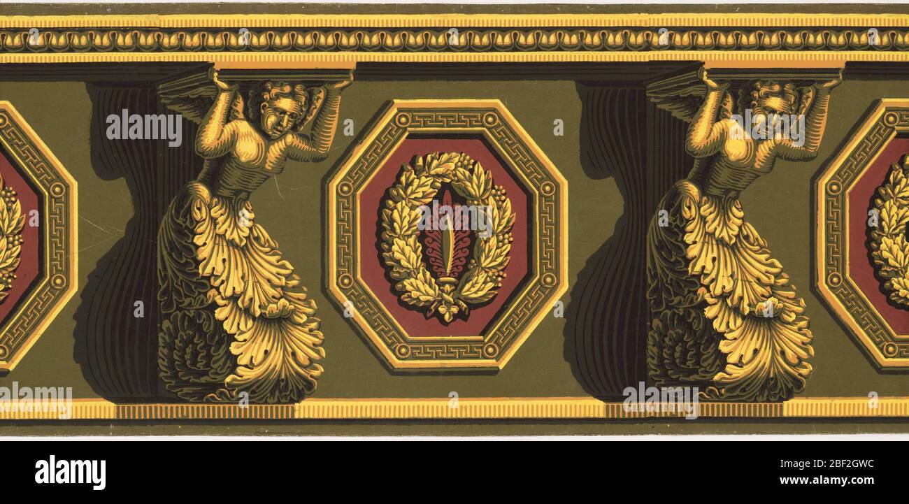 Frise. Les consoles jaunes sous forme de putti ailé avec des bases acanthus supportent un corbeau. Alternant avec ces chiffres sont des octagons verticaux, verts, jaunes et rouges, contenant des couronnes. Chiaroscuro lourd. « d » et « e » sont des répétitions incomplètes. Banque D'Images